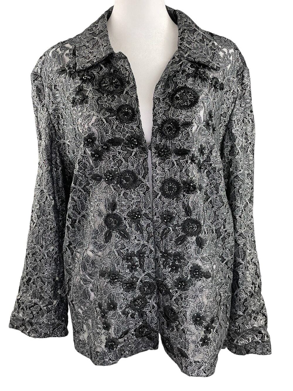 Chico's 2 (US L 12) Floral Lace Sheer Jacket Black Silver Beaded Sparkle Holiday